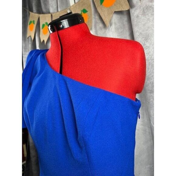 DRESS THE POPULATION Tiffany One-Shoulder Bow-Tie Midi Dress in Blue Size L NWT - Picture 3 of 7